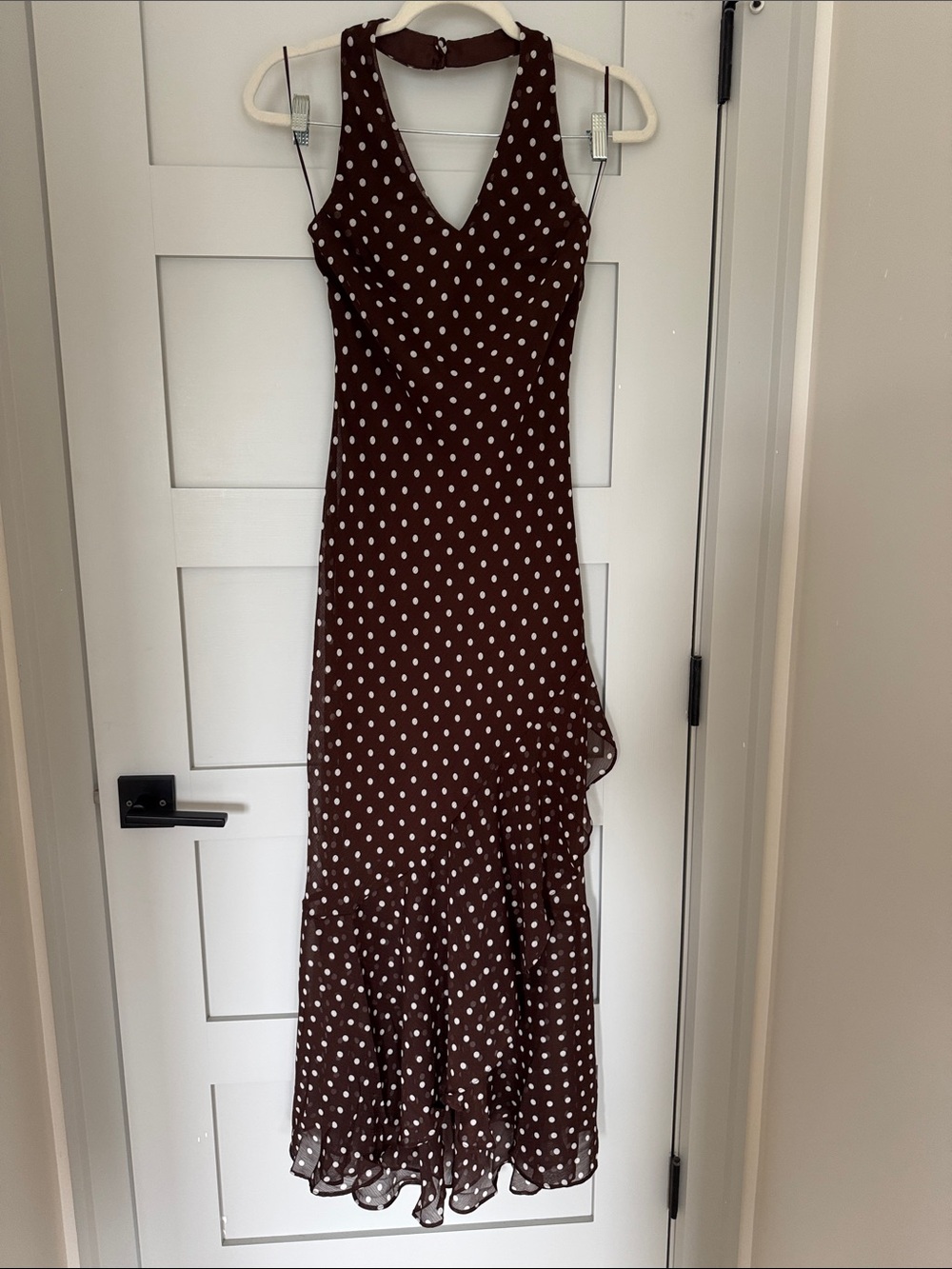 Women’s Brown Polka Dot V-Neck Maxi Dress Length 56+”